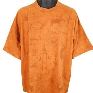 Vintage Arizona T Shirt Mens Size 2XL Orange Kokopelli Aztec All Over Print USA